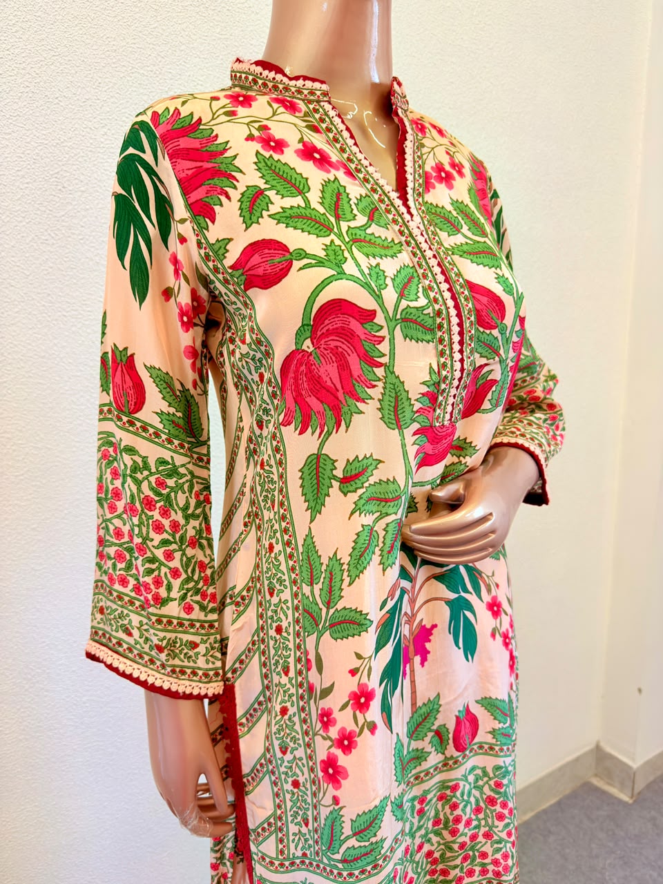 Floral Print Crepe Short Suit with Salwar & Dupatta- Beige