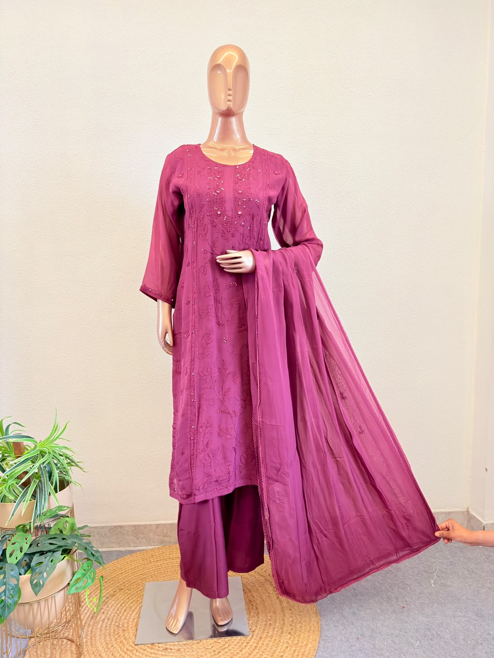 Pure Organza Suit Set with Hand Chikankari Work