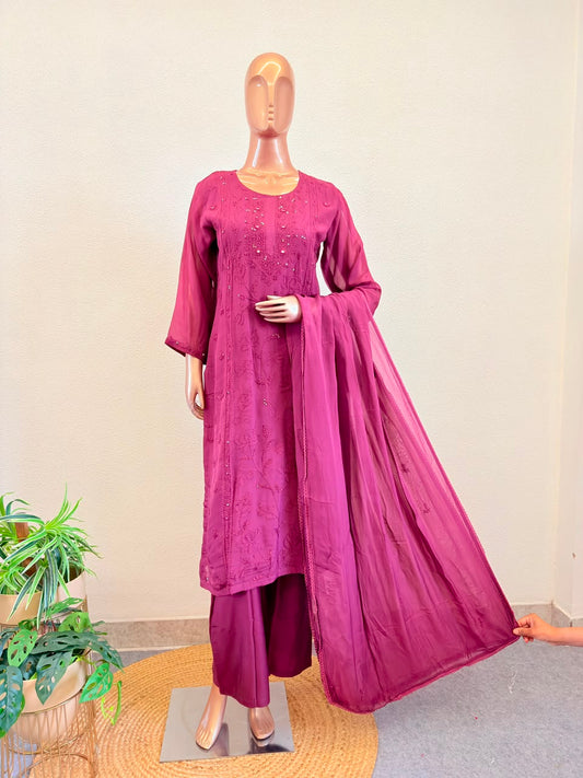 Pure Organza Suit Set with Hand Chikankari Work