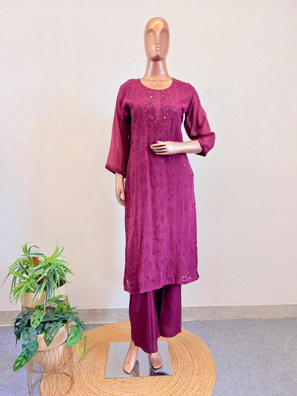 Pure Organza Suit Set with Hand Chikankari Work