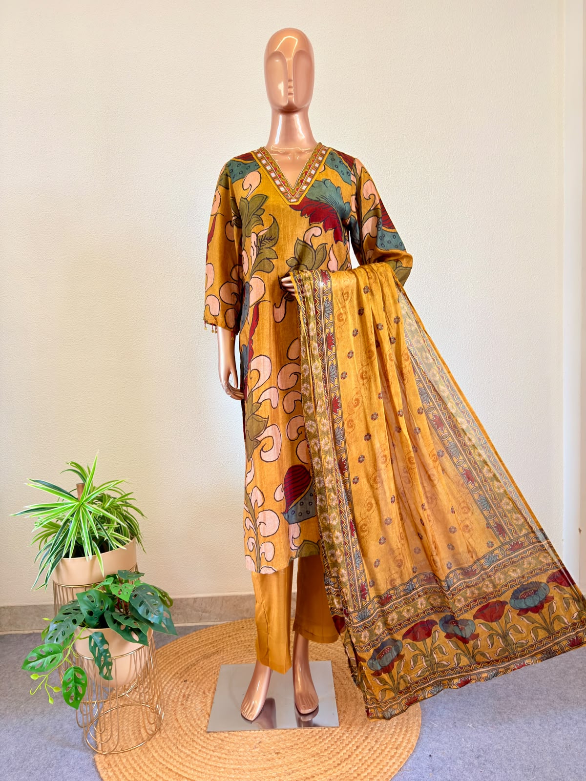 Digital Kalamkari Print Muslin Suit with Mirror Work Neckline - Mustard