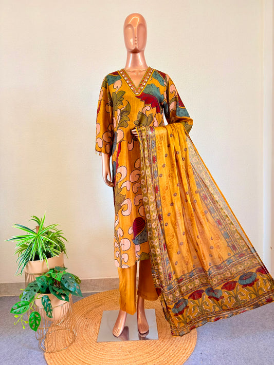 Digital Kalamkari Print Muslin Suit with Mirror Work Neckline - Mustard