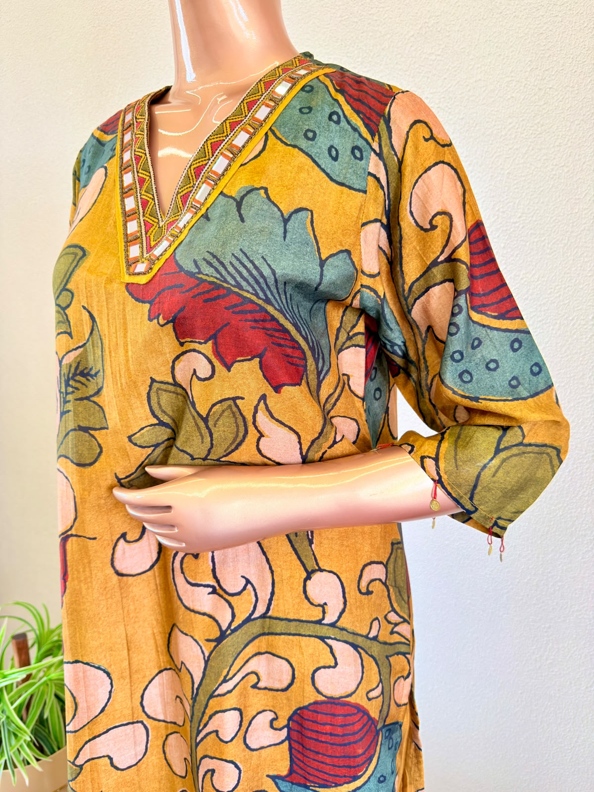 Digital Kalamkari Print Muslin Suit with Mirror Work Neckline - Mustard