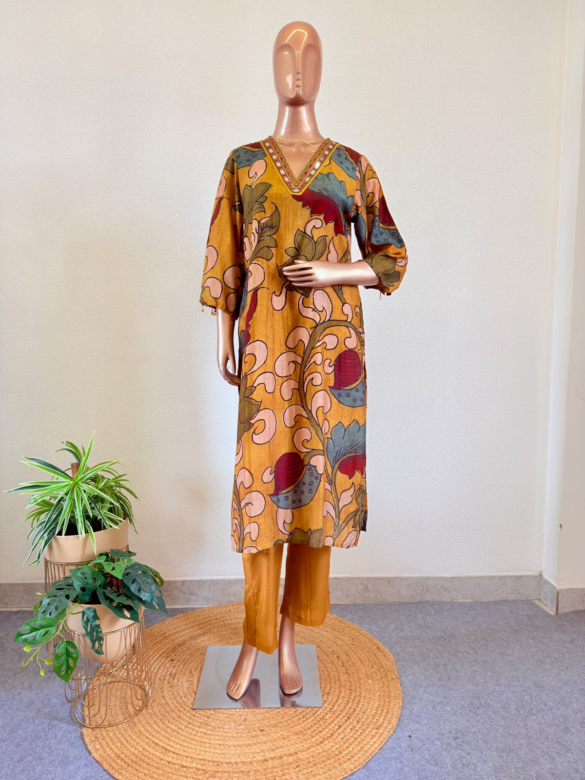 Digital Kalamkari Print Muslin Suit with Mirror Work Neckline - Mustard