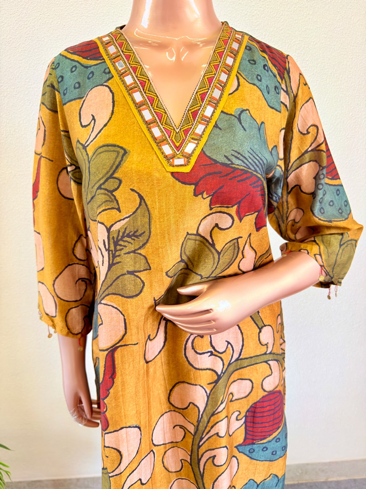 Digital Kalamkari Print Muslin Suit with Mirror Work Neckline - Mustard