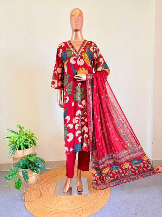 Digital Kalamkari Print Muslin Suit with Mirror Work Neckline - Red