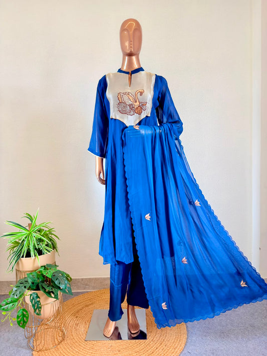 Mul Chanderi Frock Suit with Tissue Embroidered Yoke