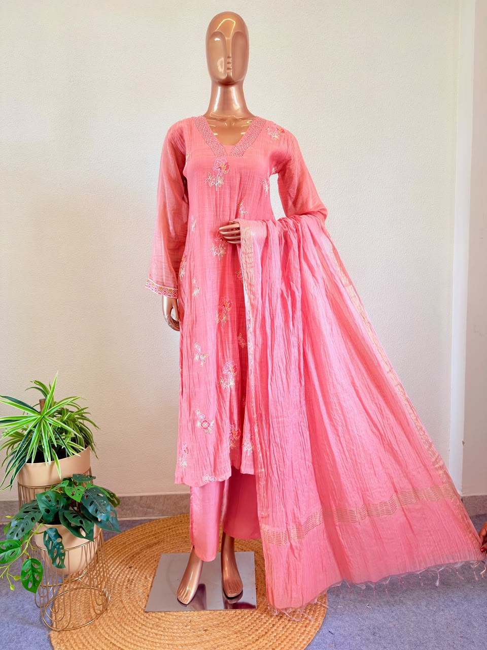 Crush Mul Chanderi A-Line Suit with V-neckline