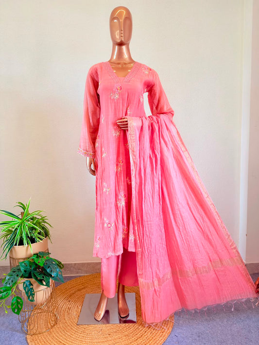 Crush Mul Chanderi A-Line Suit with V-neckline