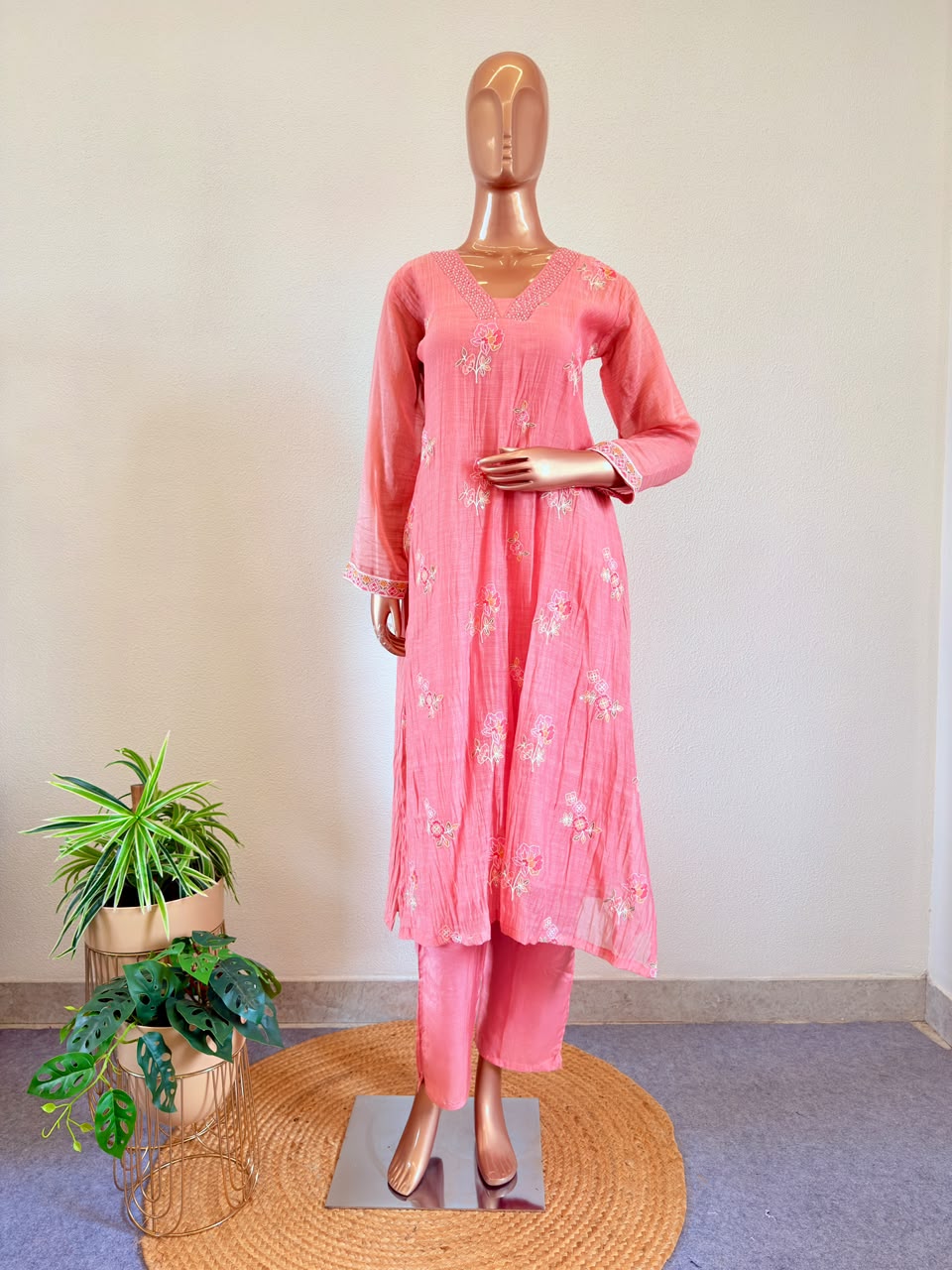 Crush Mul Chanderi A-Line Suit with V-neckline