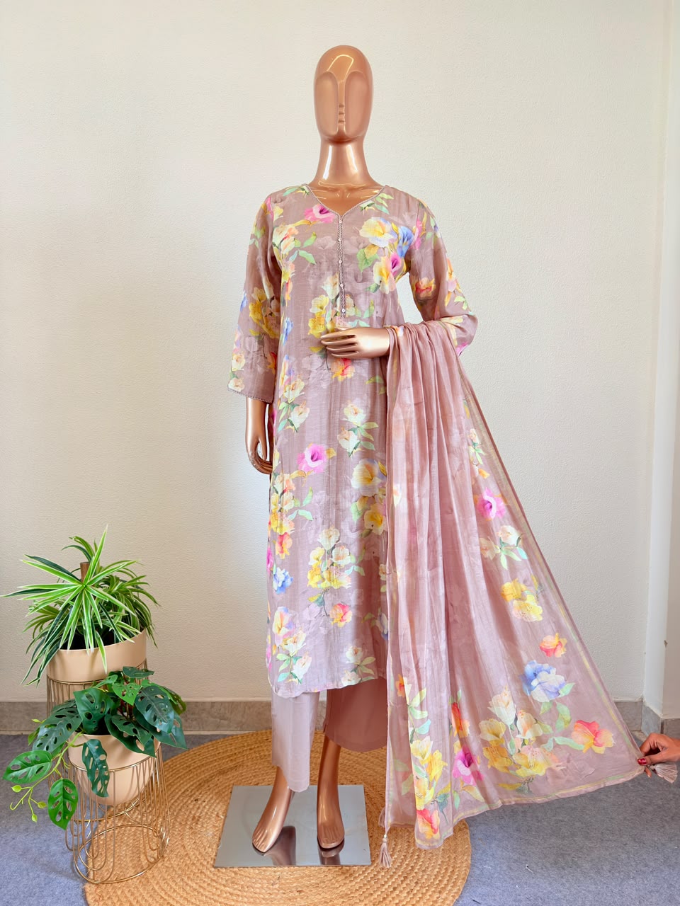 Soft Linen Floral Print Suit Set