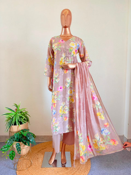 Soft Linen Floral Print Suit Set