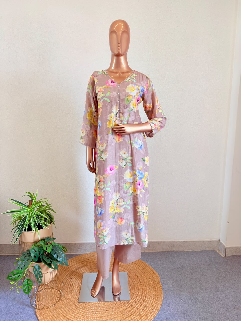 Soft Linen Floral Print Suit Set
