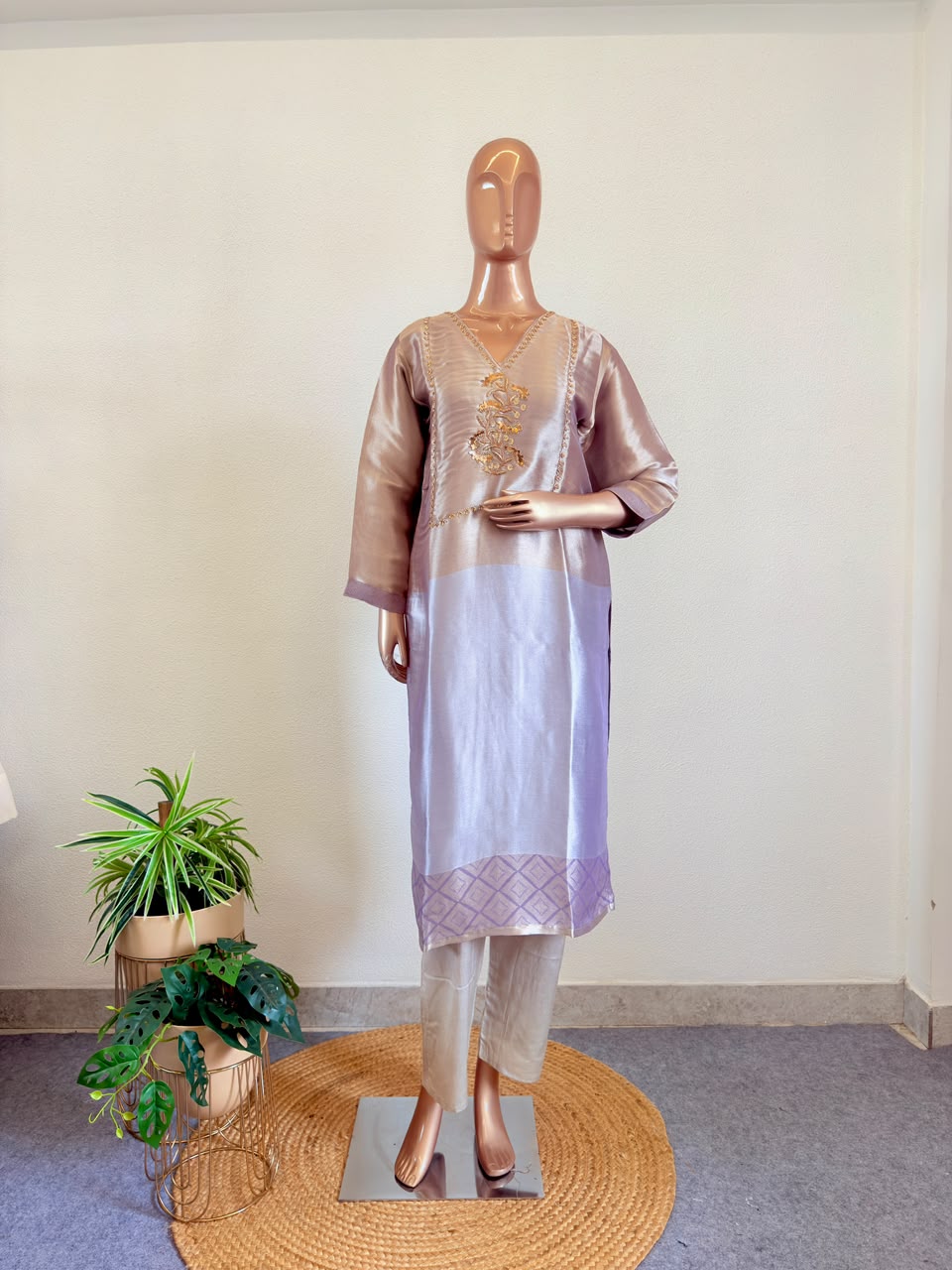 Two Tone Premium Tissue Suit with Hand Work Yoke