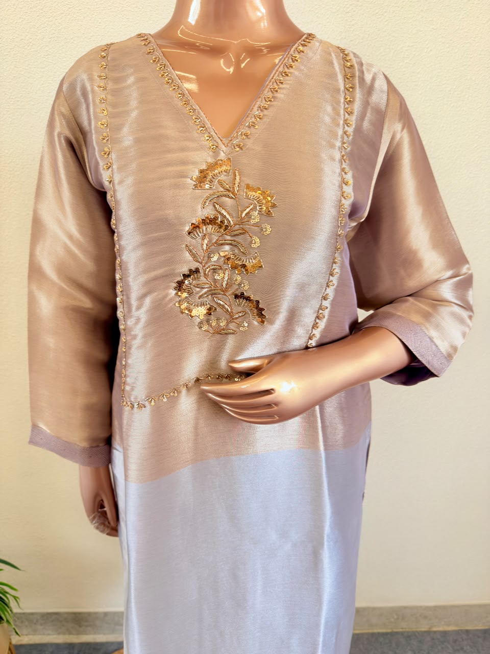 Two Tone Premium Tissue Suit with Hand Work Yoke
