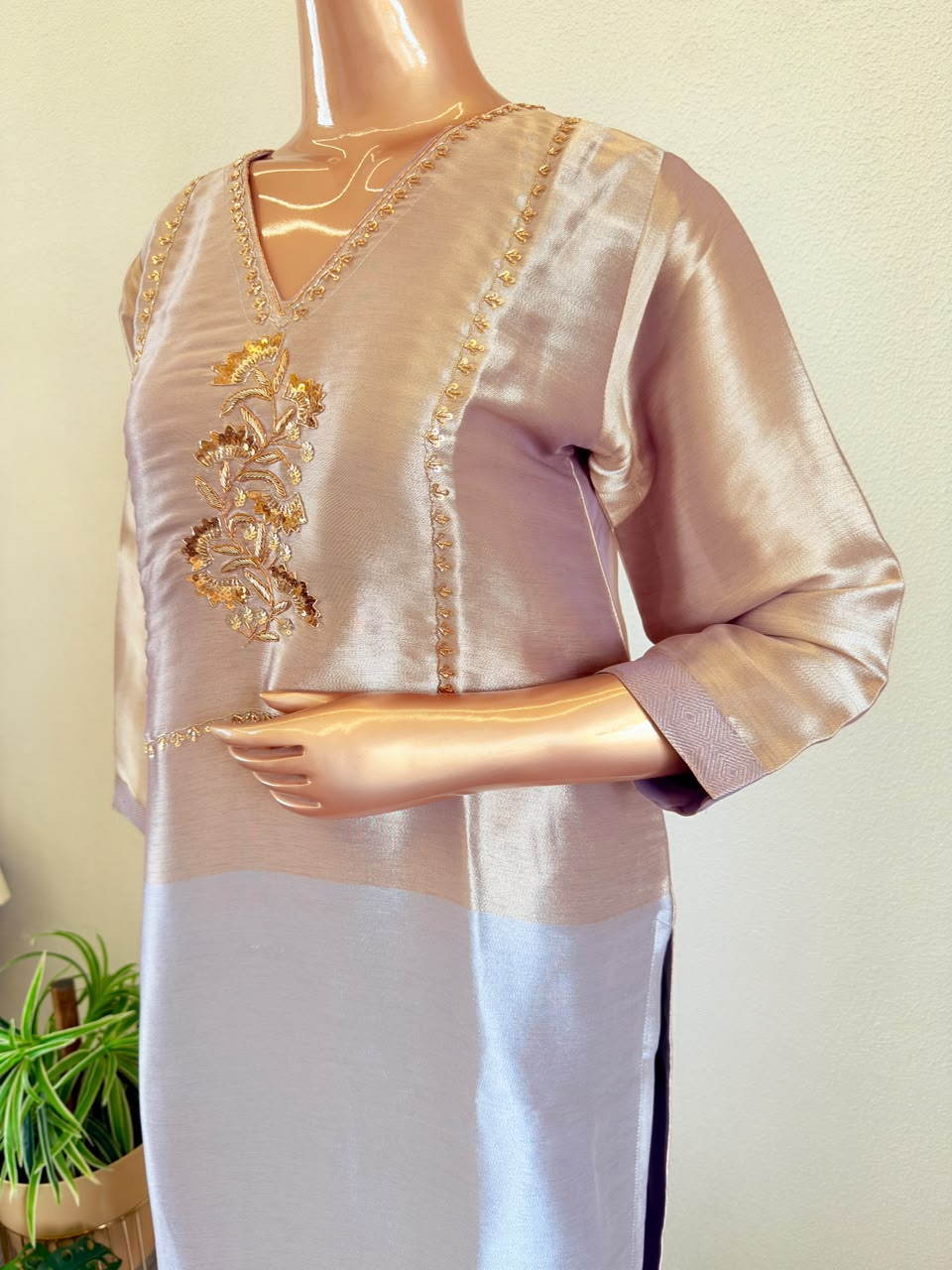 Two Tone Premium Tissue Suit with Hand Work Yoke