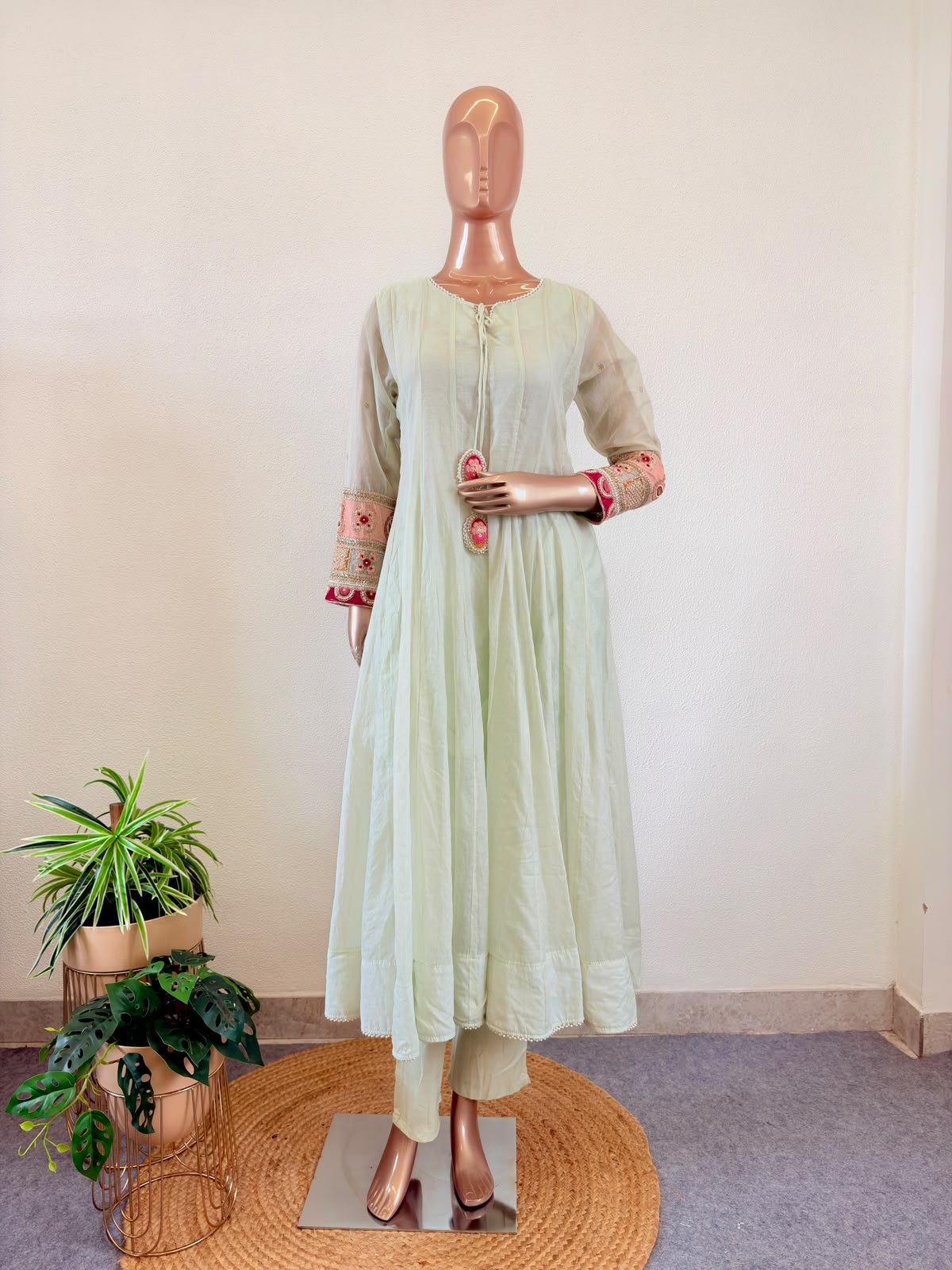 Chanderi Anarkali Suit Set with Heavy Work on Sleeves