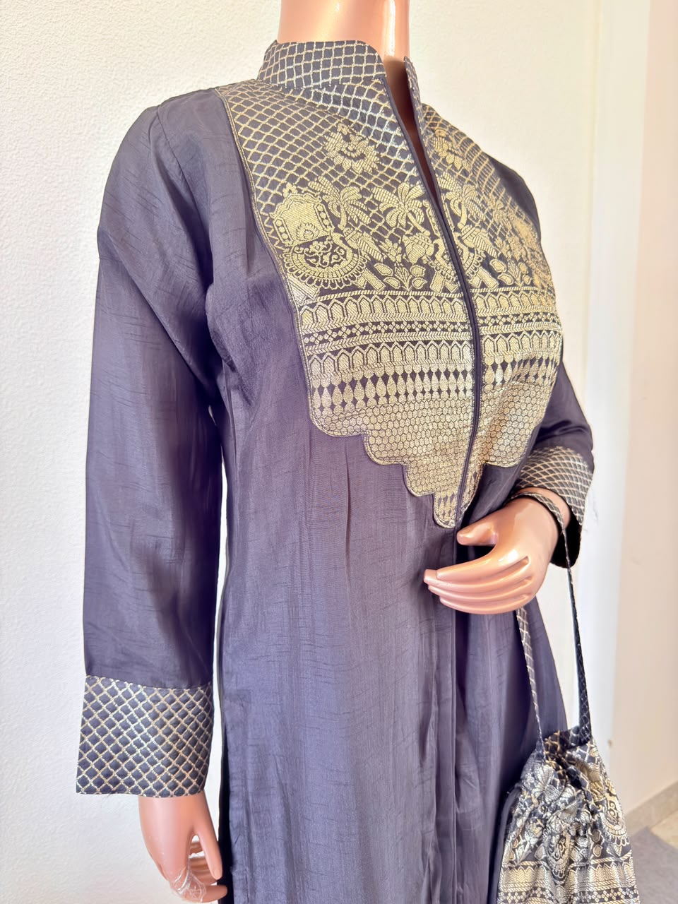 Celebrity Inspired Silk Suit with Banarasi Yoke & potli