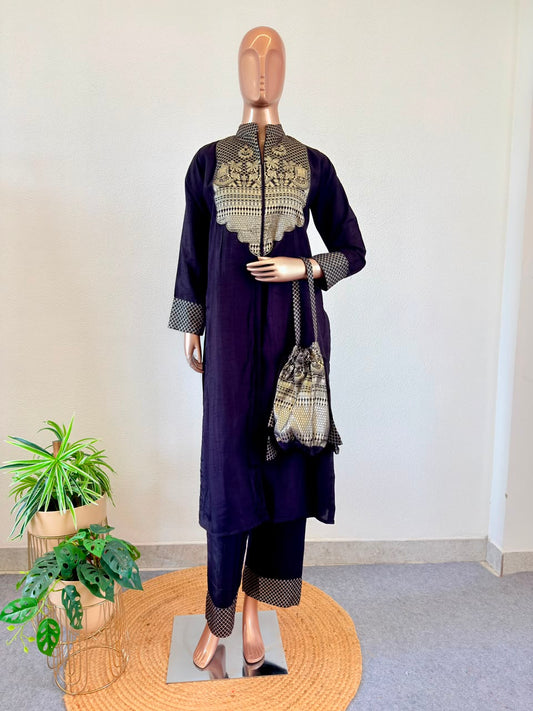 Celebrity Inspired Silk Suit with Banarasi Yoke & potli