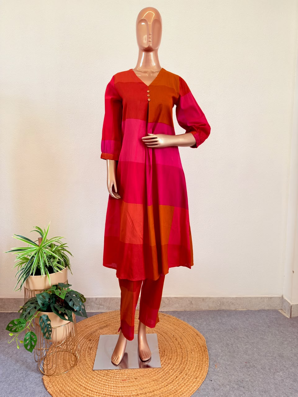 Cotton Color Block Kurta Pant Set - Red