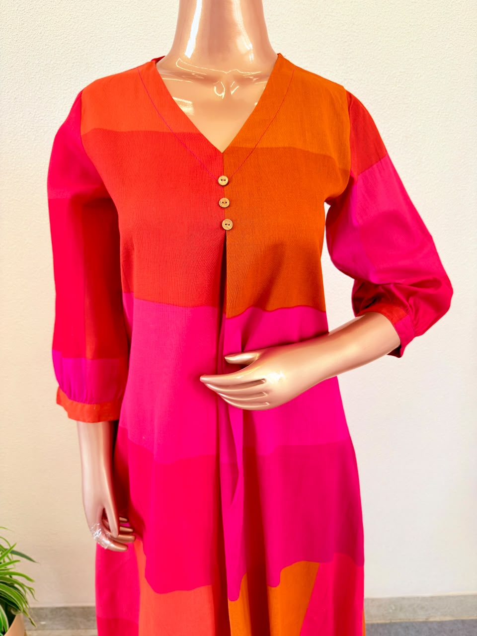 Cotton Color Block Kurta Pant Set - Red