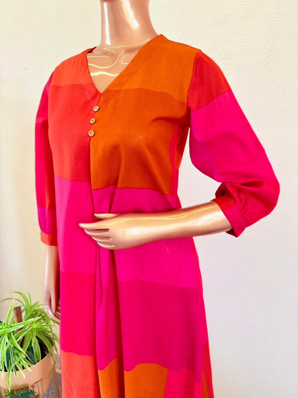Cotton Color Block Kurta Pant Set - Red