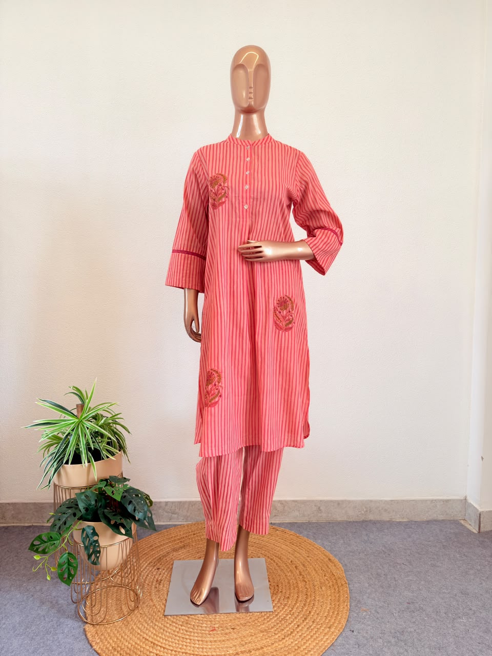 Striped Cotton Kurta Afghani Pant set with Floral Applique Patch