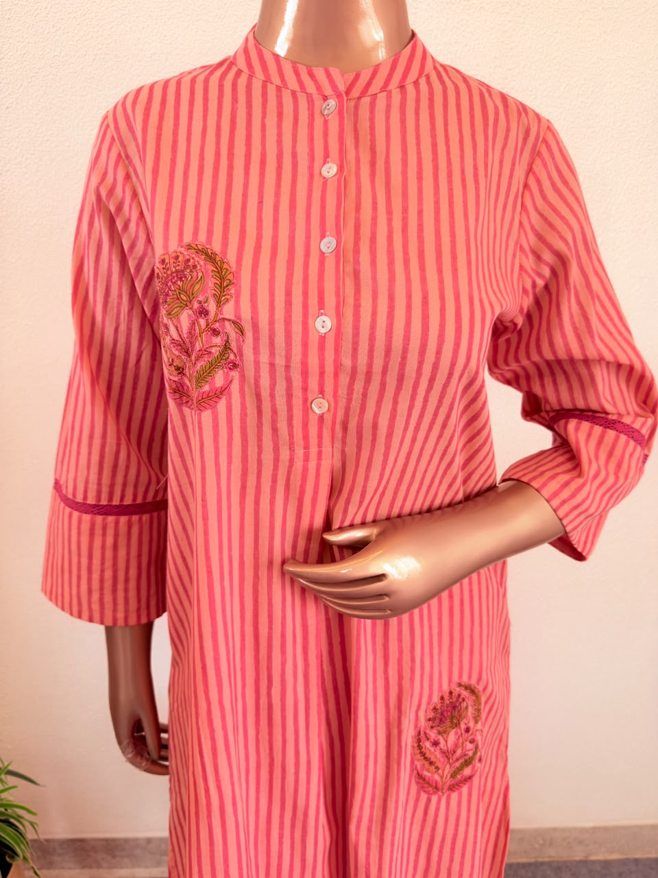 Striped Cotton Kurta Afghani Pant set with Floral Applique Patch