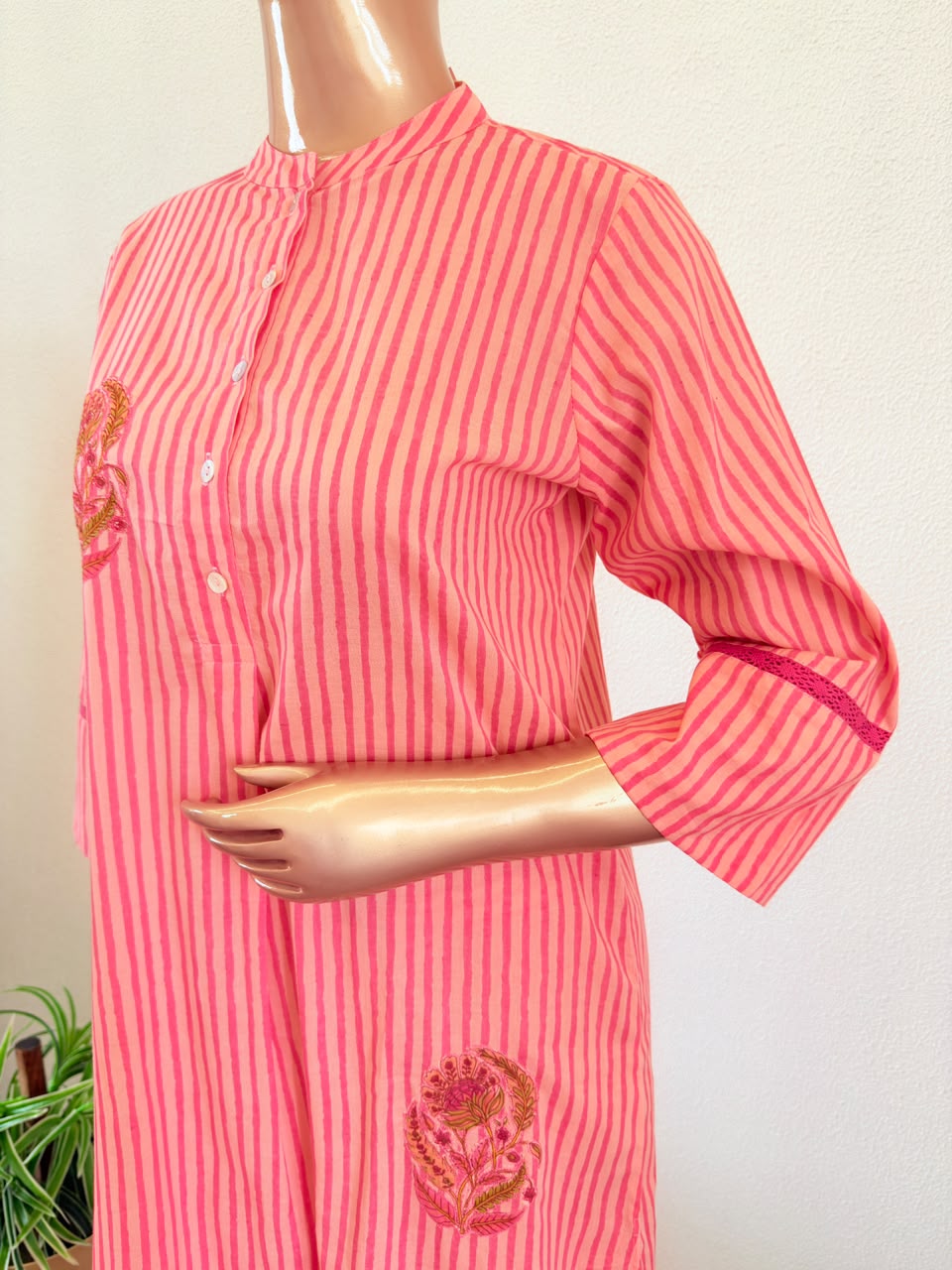Striped Cotton Kurta Afghani Pant set with Floral Applique Patch