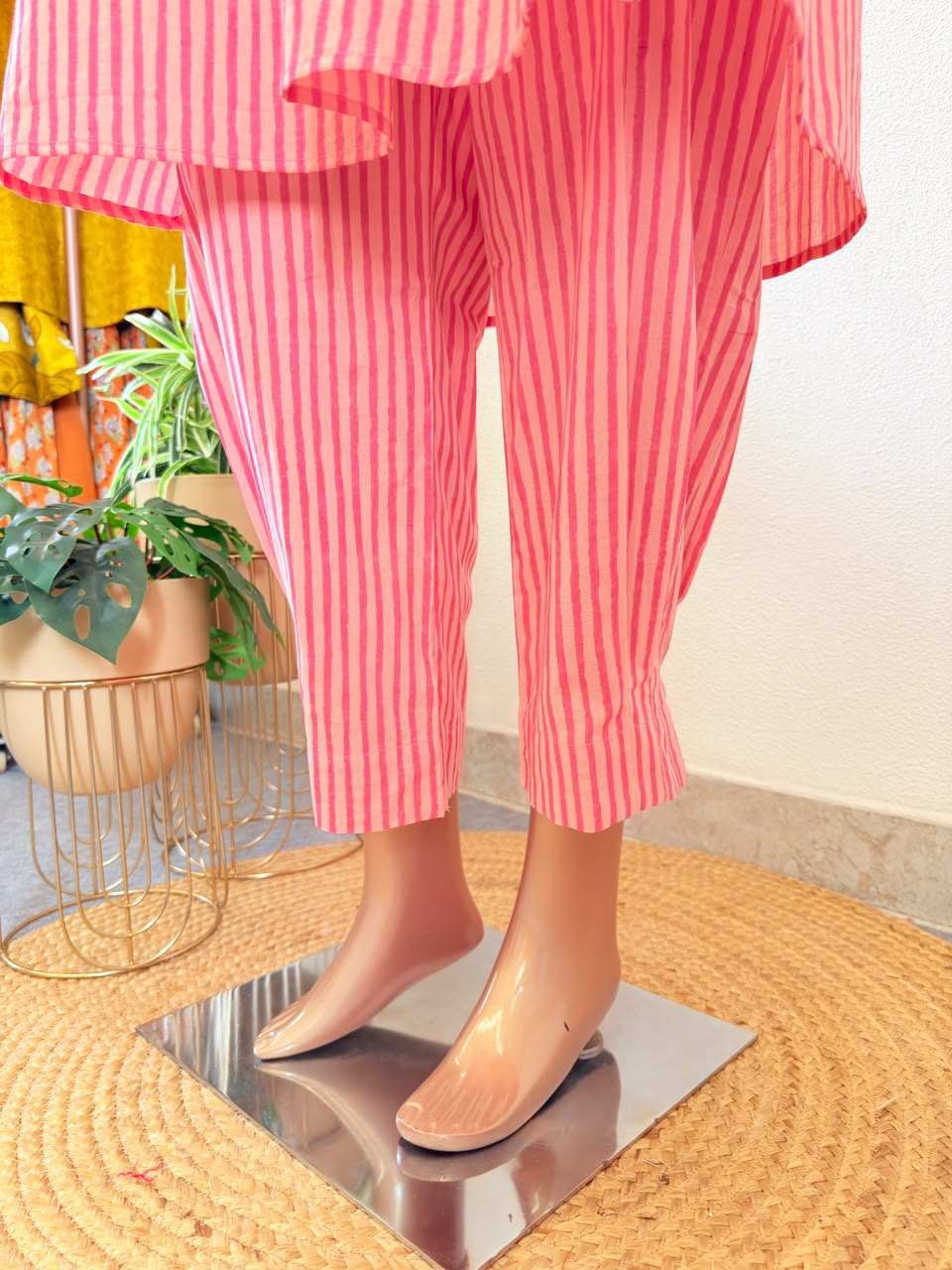 Striped Cotton Kurta Afghani Pant set with Floral Applique Patch