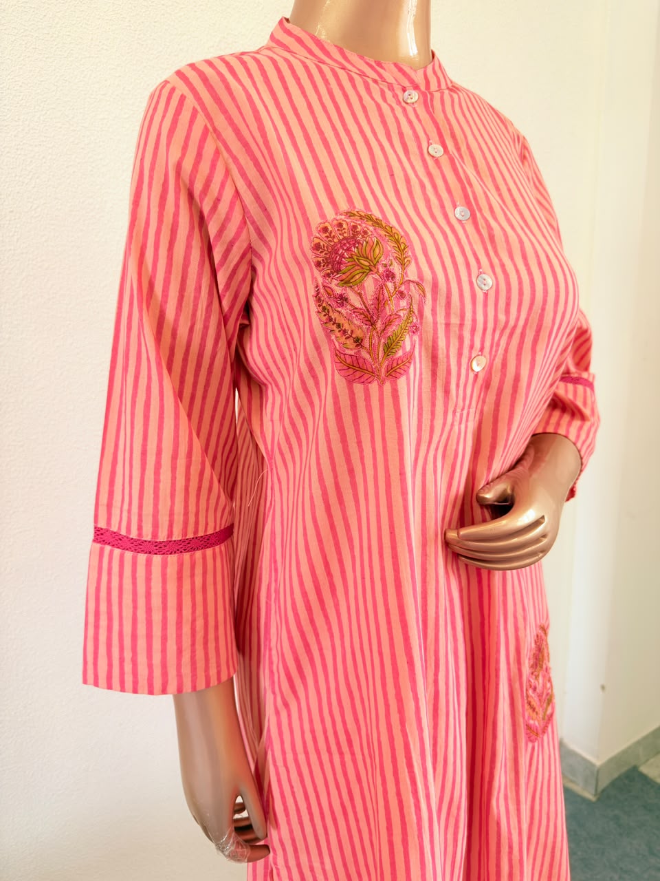 Striped Cotton Kurta Afghani Pant set with Floral Applique Patch