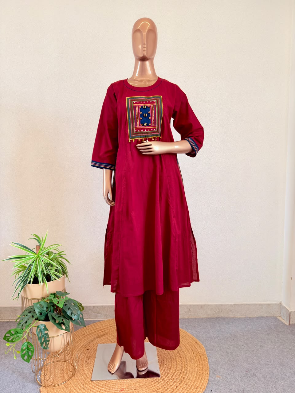 A-Line Cotton Suit Set with Thread Work and Kalamkari Dupatta