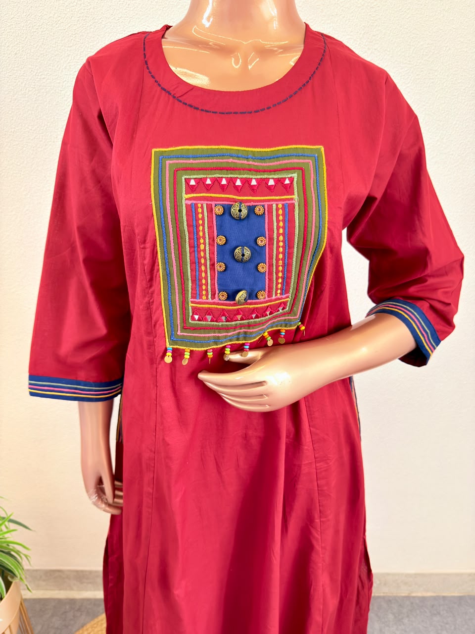 A-Line Cotton Suit Set with Thread Work and Kalamkari Dupatta