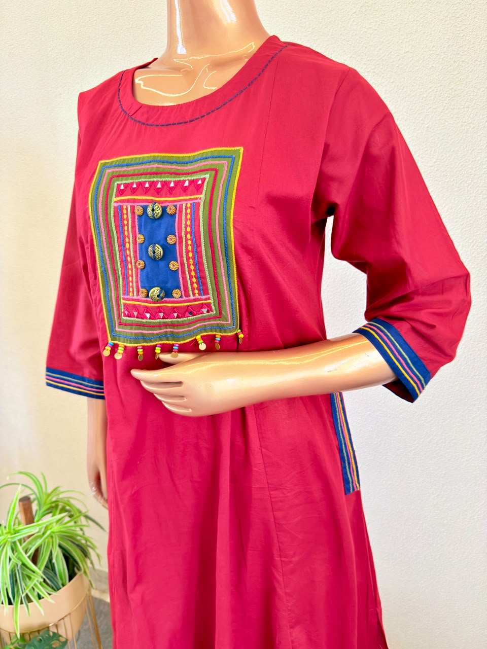 A-Line Cotton Suit Set with Thread Work and Kalamkari Dupatta