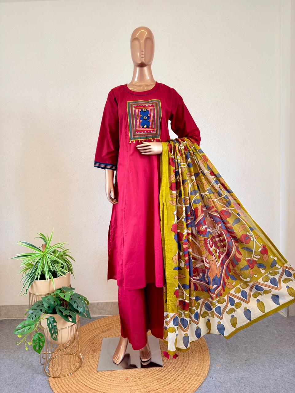 A-Line Cotton Suit Set with Thread Work and Kalamkari Dupatta
