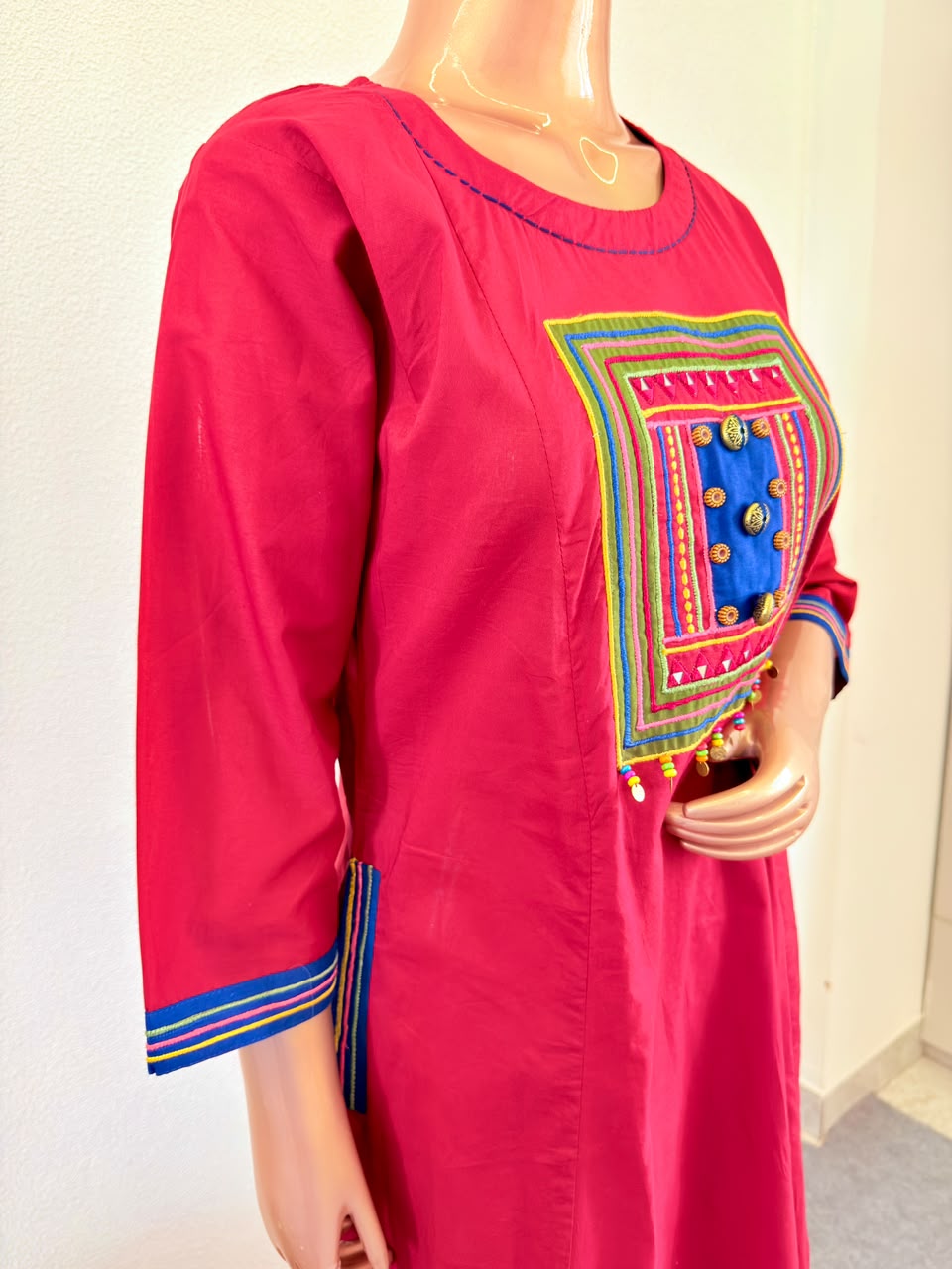 A-Line Cotton Suit Set with Thread Work and Kalamkari Dupatta