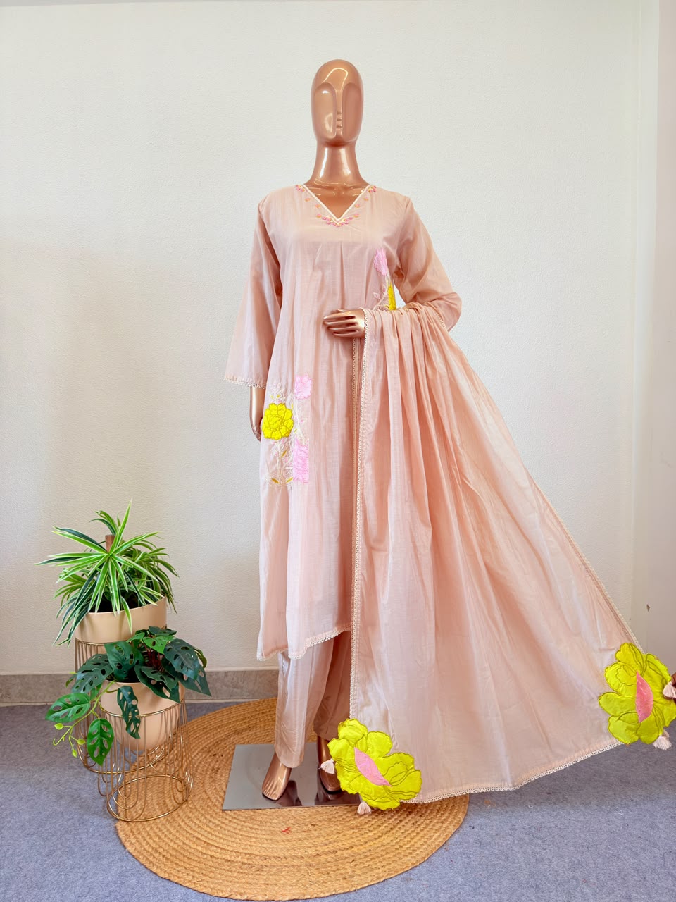 Ivory Semi Mul Chanderi Suit Set with Neon Applique Work