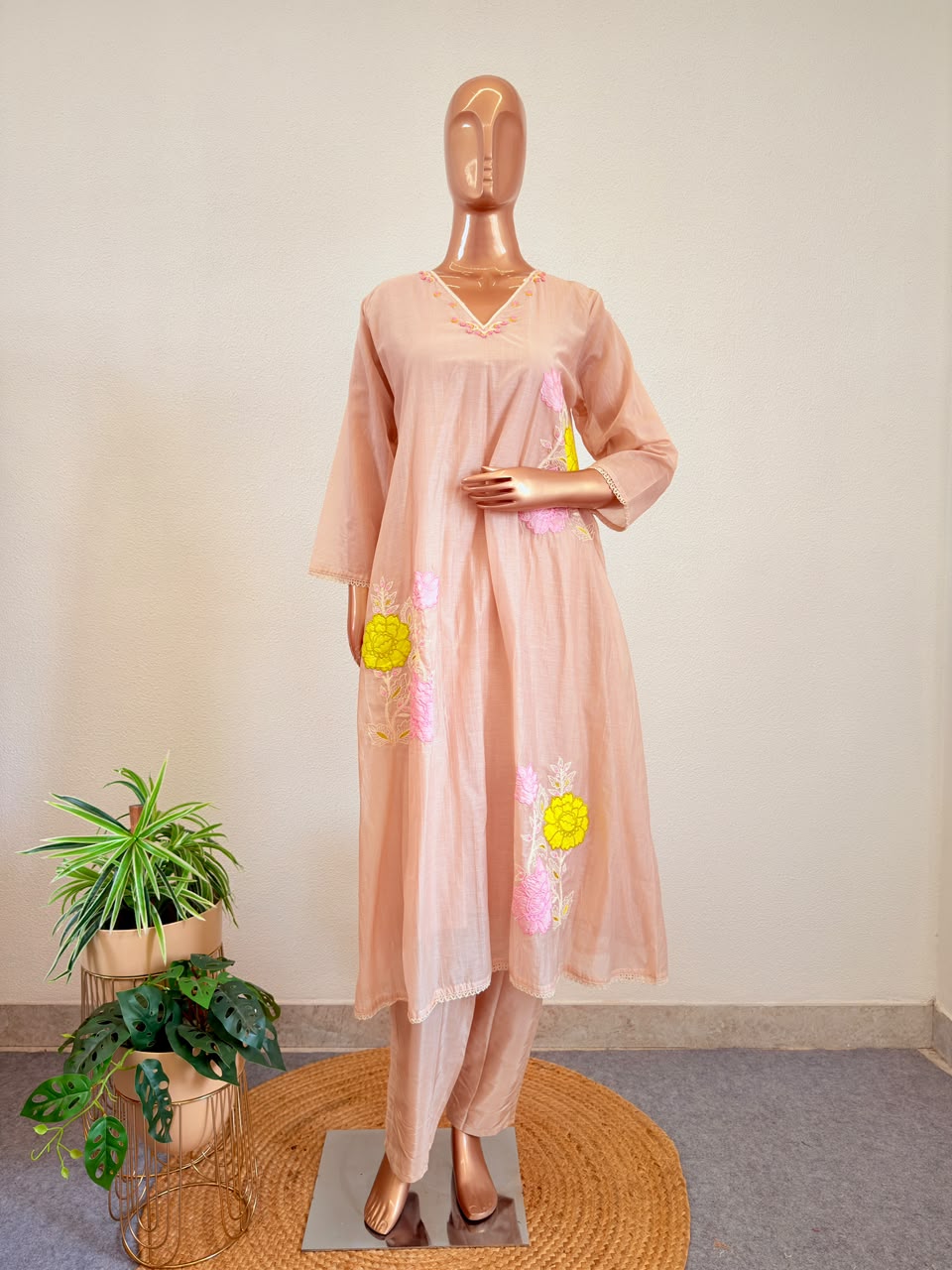 Ivory Semi Mul Chanderi Suit Set with Neon Applique Work
