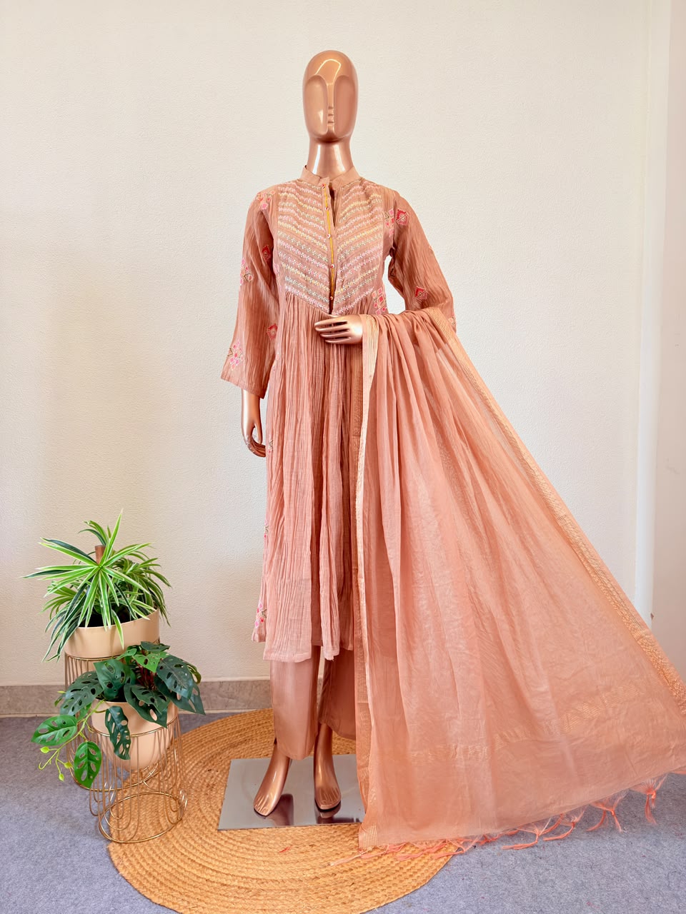 Almond Mul Chanderi Suit Set with Delicate Thread Work
