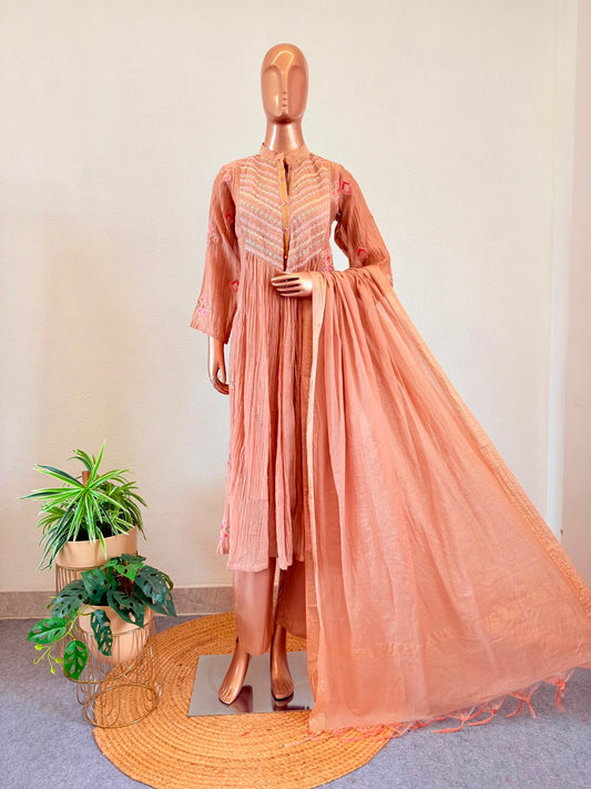 Almond Mul Chanderi Suit Set with Delicate Thread Work