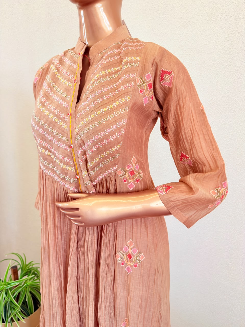Almond Mul Chanderi Suit Set with Delicate Thread Work