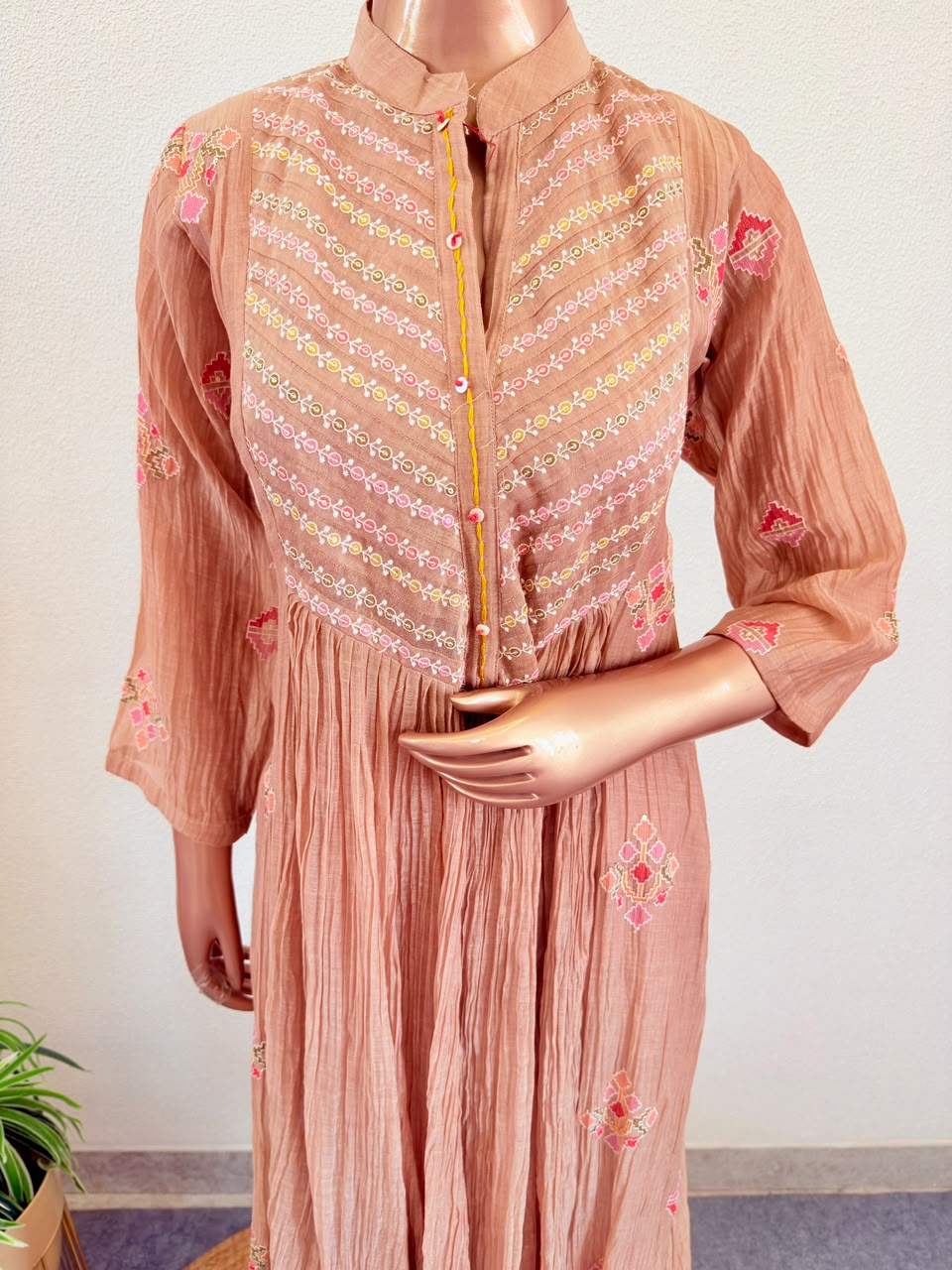 Almond Mul Chanderi Suit Set with Delicate Thread Work