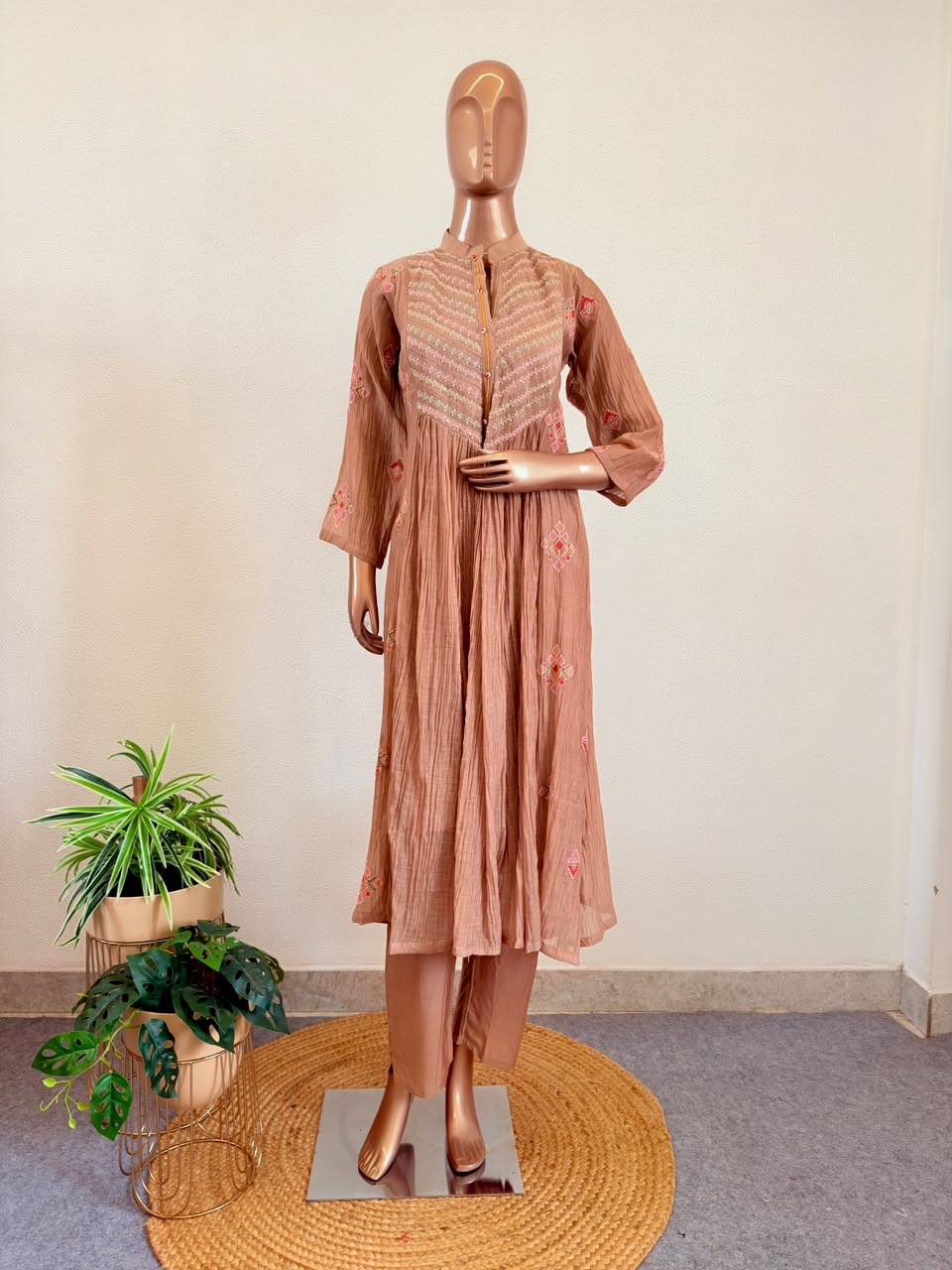 Almond Mul Chanderi Suit Set with Delicate Thread Work