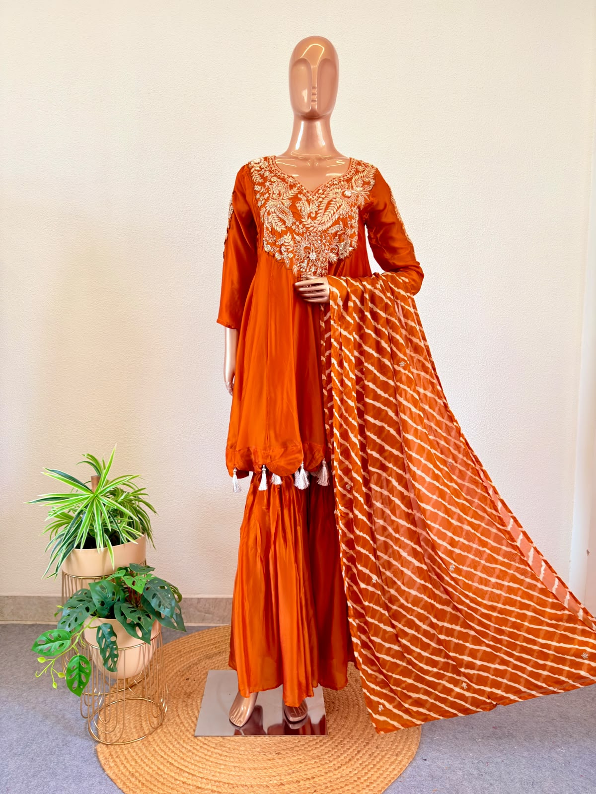 Premium HO Silk Sharara Set with Heavy Hand Work & Lehariya Dupatta