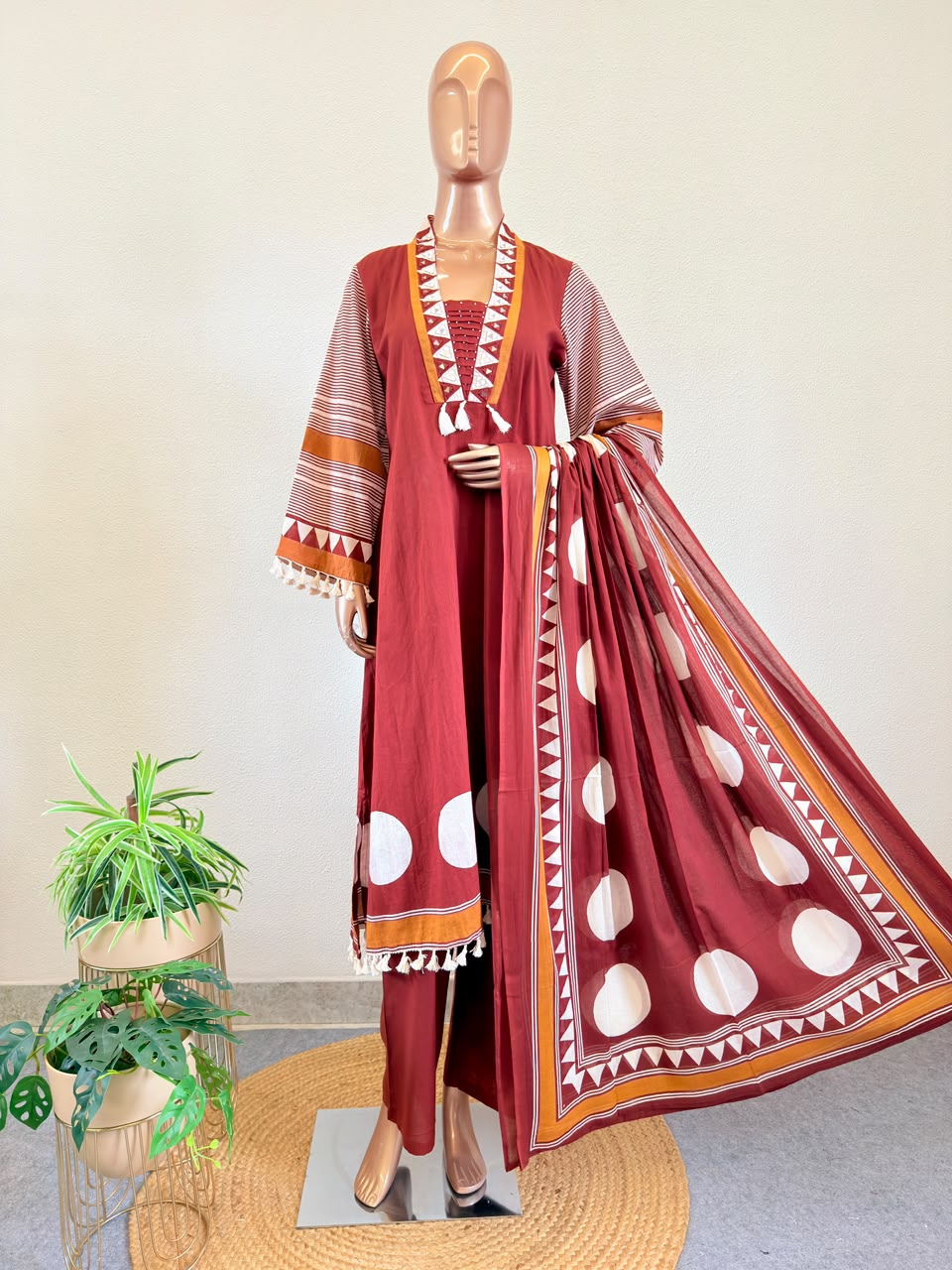A-Line Cotton Printed Suit Set(with Rakhi) - Rust