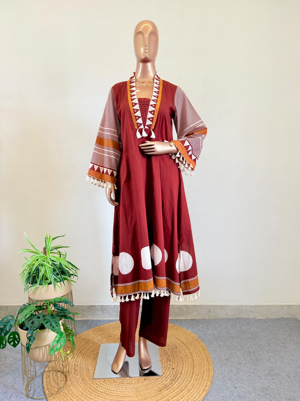 A-Line Cotton Printed Suit Set(with Rakhi) - Rust
