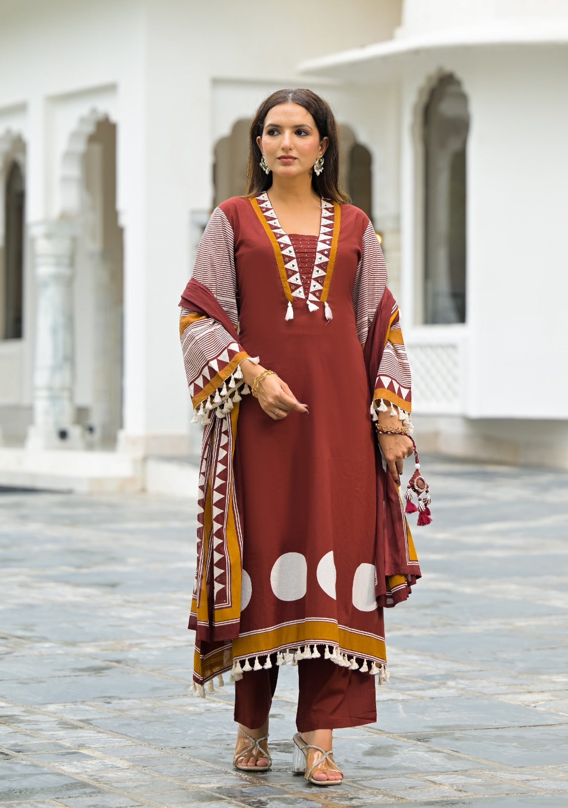 A-Line Cotton Printed Suit Set(with Rakhi) - Rust