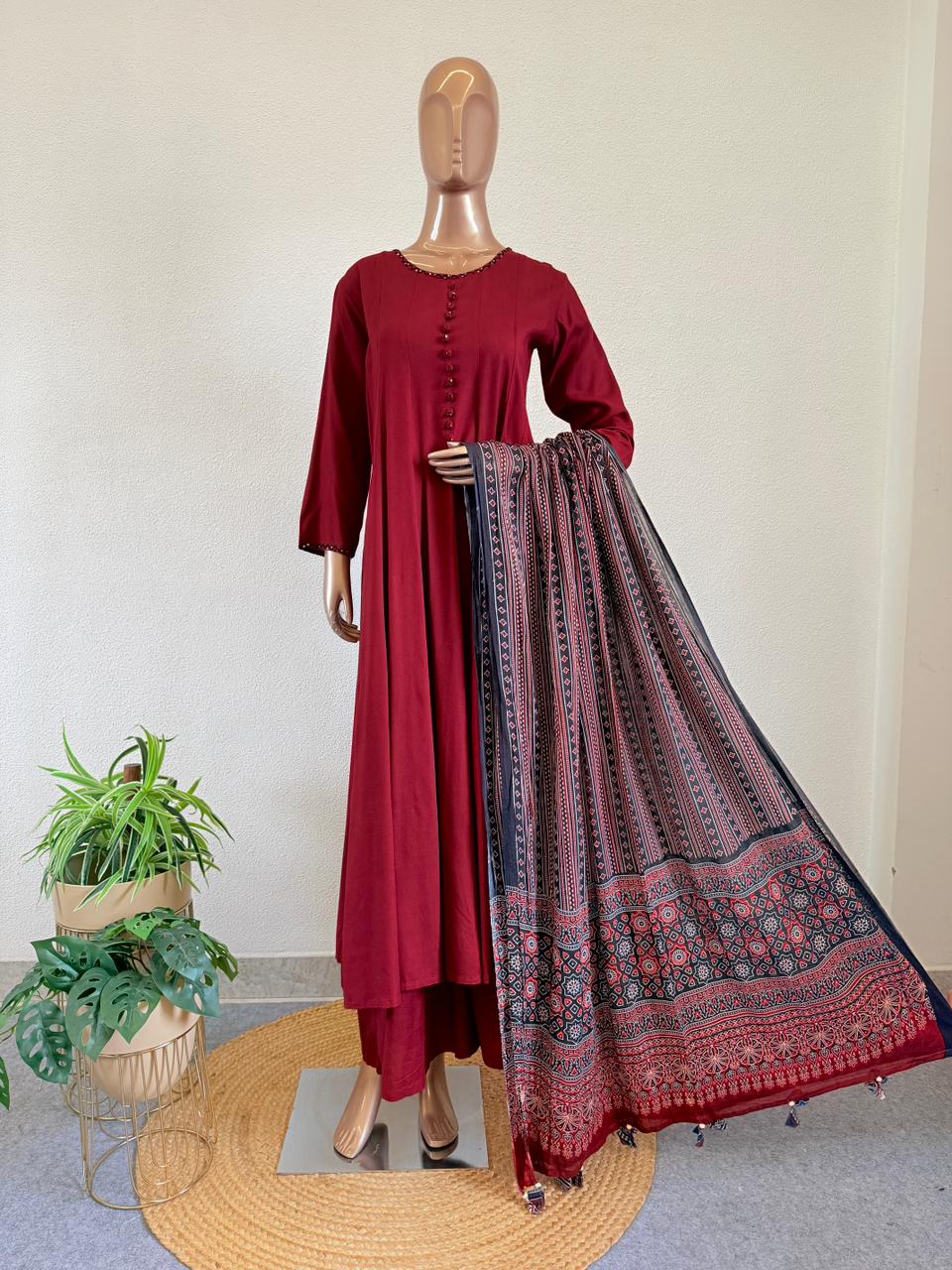 Rayon Anarkali Suit Set with Mul Cotton Ajrakh Dupatta