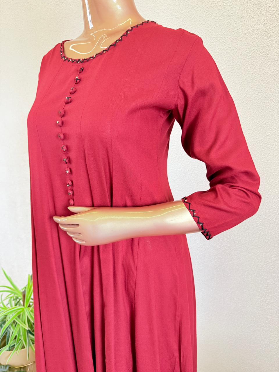 Rayon Anarkali Suit Set with Mul Cotton Ajrakh Dupatta