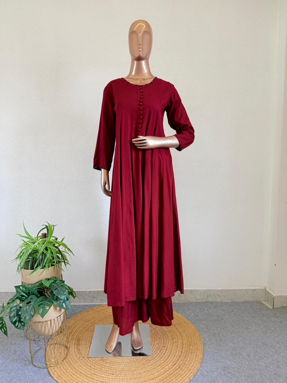 Rayon Anarkali Suit Set with Mul Cotton Ajrakh Dupatta
